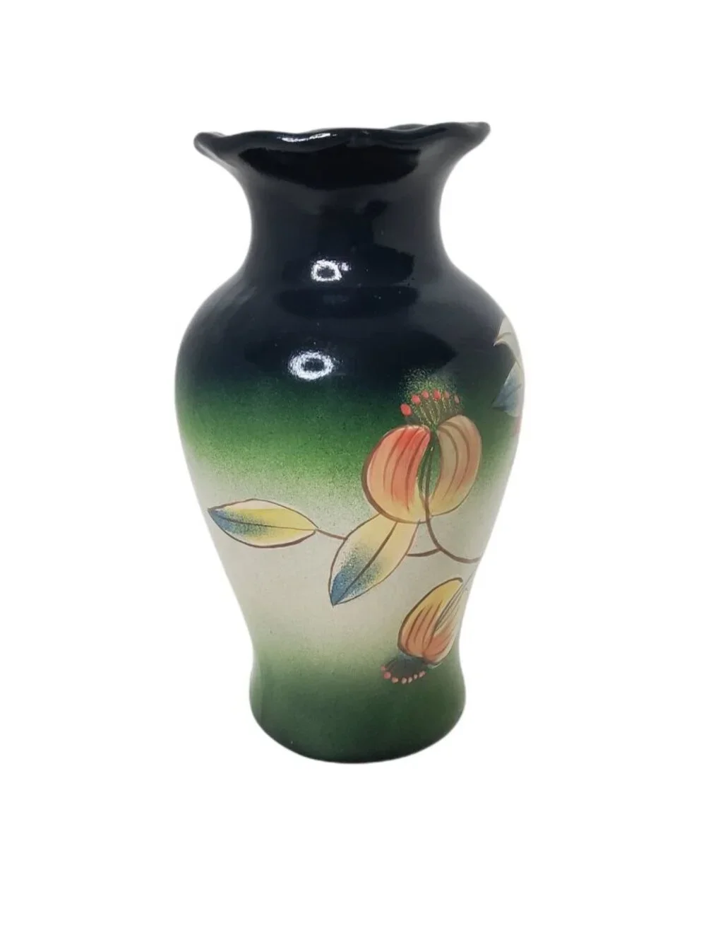 Vintage Hand - Painted Orchid Floral Clay Art Nouveau Vase